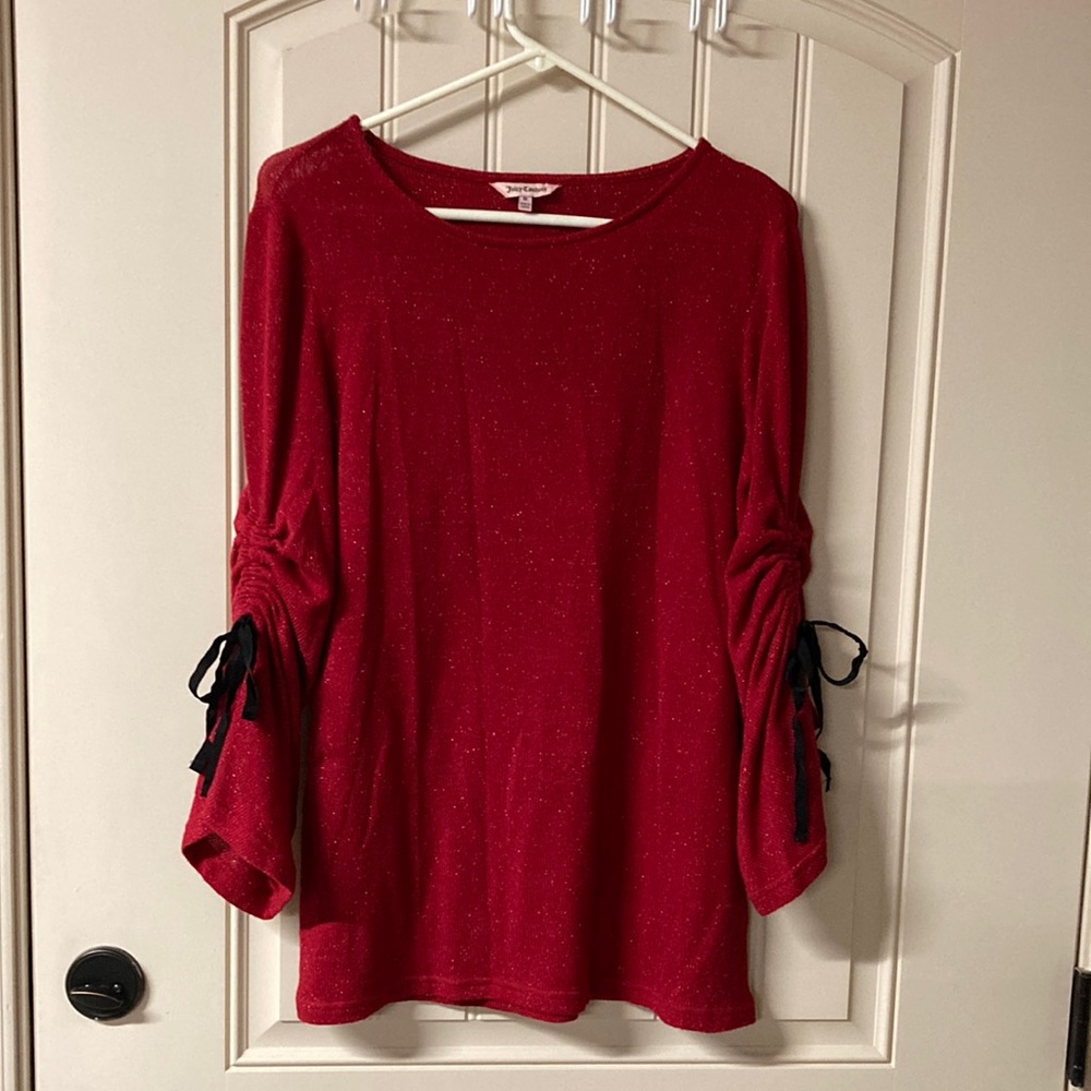 JUICY COUTURE Sweater Round Neck Long Bell Sleeves with Ties Red Sparkles Size M
